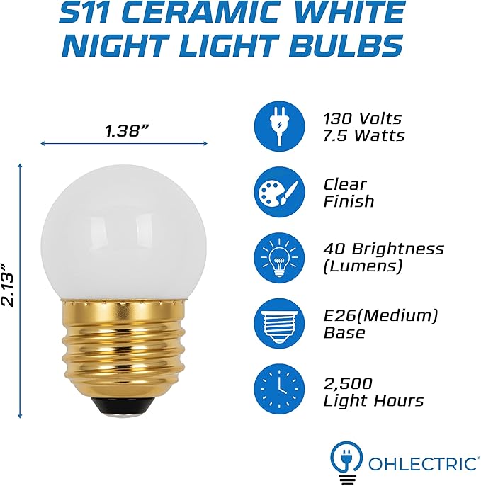 OHLECTRIC 10 Pack - S11 Ceramic White Night Light Bulbs | Dimmable | 7.5W Incandescent Light Bulb with E26 Medium Base | 40 Lumens Brightness | 2700K Warm White Light for Home Illumination.
