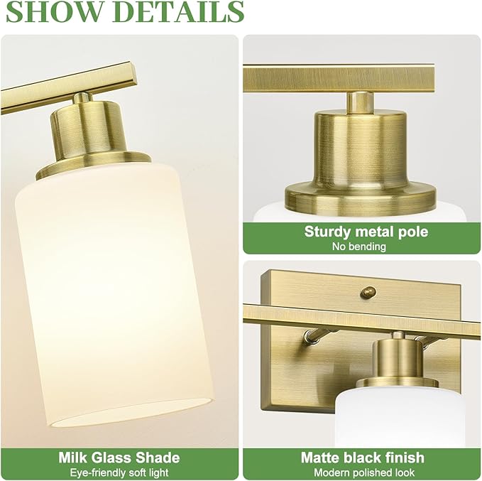 3-Light Bathroom Light Fixtures, Brass Vanity Light with Milky White Shades, Bathroom Lighting Fixtures Over Mirror, Modern Bathroom Wall Lamp for Mirror Living Room Cabinet Bedroom