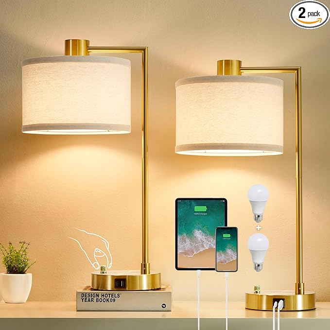 Luvkczc Table Lamp for Bedroom Set of 2 with USB C+A Ports, Fully Stepless Dimmable Bedside Lamp with Linen Lampshade, Nightstand Lamp for Living Room Reading Office, 2 LED Bulbs Included (Gold)