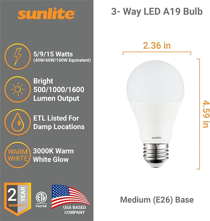 Sunlite 40419 3-Way LED A19 Light Bulb, 5/9/15 Watts (40W 60W 100W Equivalent), 500-1000-1600 Lumens, Medium E26 Base, Omni-Directional, ETL Listed, Frost, 3000K Warm White, 6 Count