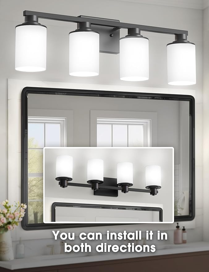 DORESshop 4-Light Black Bathroom Light Fixture Over Mirror with Milk Glass Shade, Modern Vanity Lights for Hallway Living Room Bedroom, ETL Listed