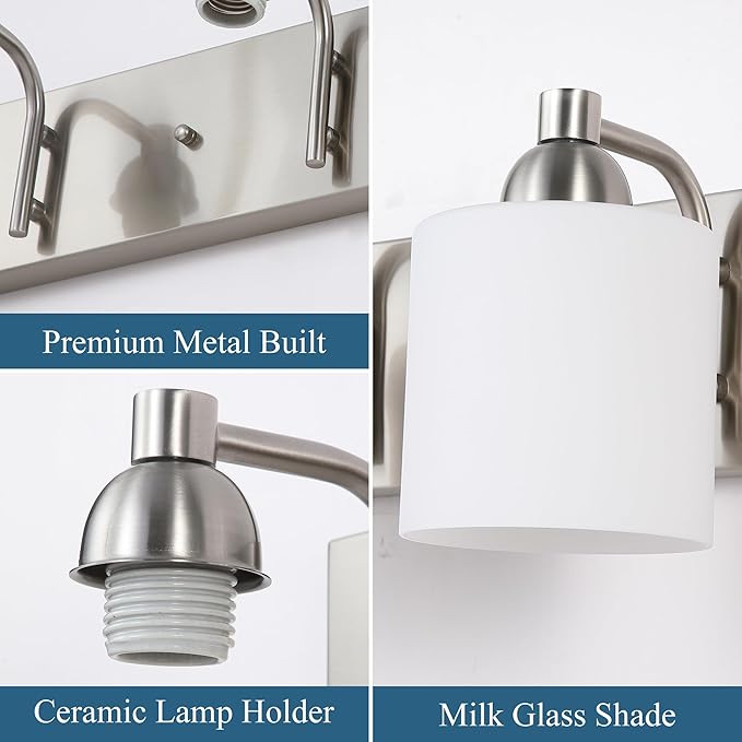 Stainless Steel Milk Glass Bathroom Vanity Light Over Mirror, 3 Light Brushed Nickel Bathroom Light Fixtures with Frosted Glass, Modern Vanity Lighting Wall Mount