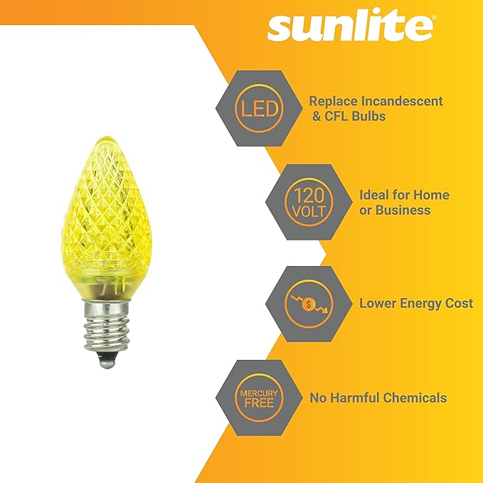 Sunlite 80704 LED C7 Holiday Decorative Bulb 0.4 Watts, E12 Candelabra Base, Faceted Christmas-Lights Nightlight, Yellow