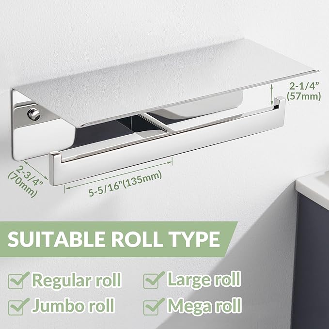 APLusee Double Toilet Paper Holder with Phone Shelf, 304 Stainless Steel Bathroom Tissue Hanger, Wall Mounted Dual Roll Paper Dispenser, Polished Chrome