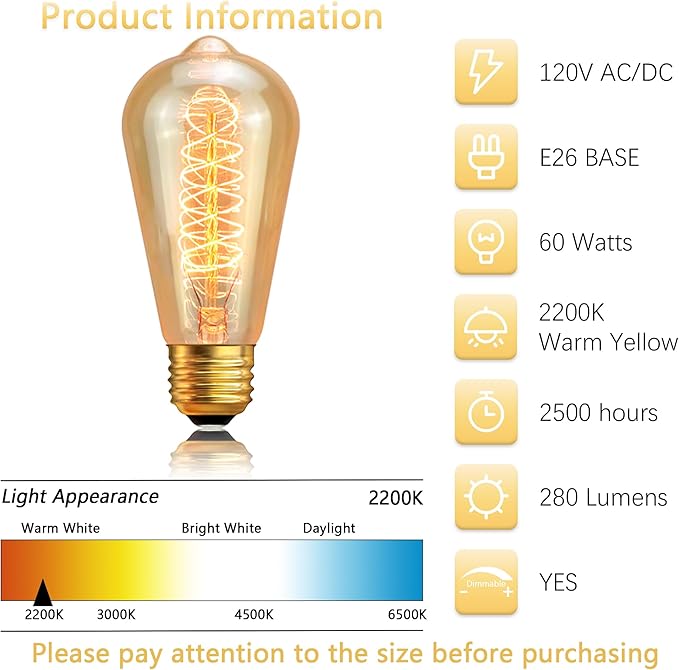 Edison Light Bulb 60W 6 Pack, ST64 Vintage E26 Incandescent Light Bulbs, 2200K Warm Dimmable Amber Spiral Filament, Antique Style Retro Glass Decorative Bulb for Table Lamp Home Office