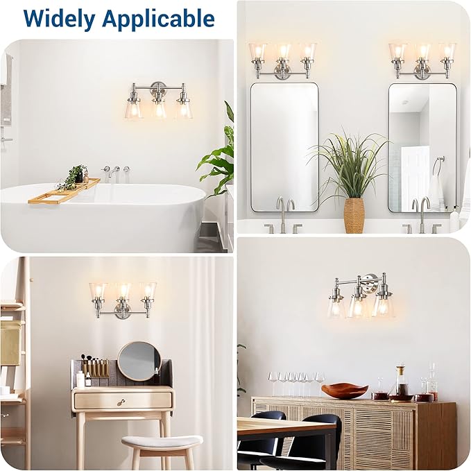 DEWENWILS Bathroom Light Fixtures, 5-Piece All-in-One Bathroom Light Set, 3 Light Brushed Nickel Bathroom Vanity Light with Glass Shades, Towel Bar, Towel Ring, Robe Hook, Toilet Paper Holder