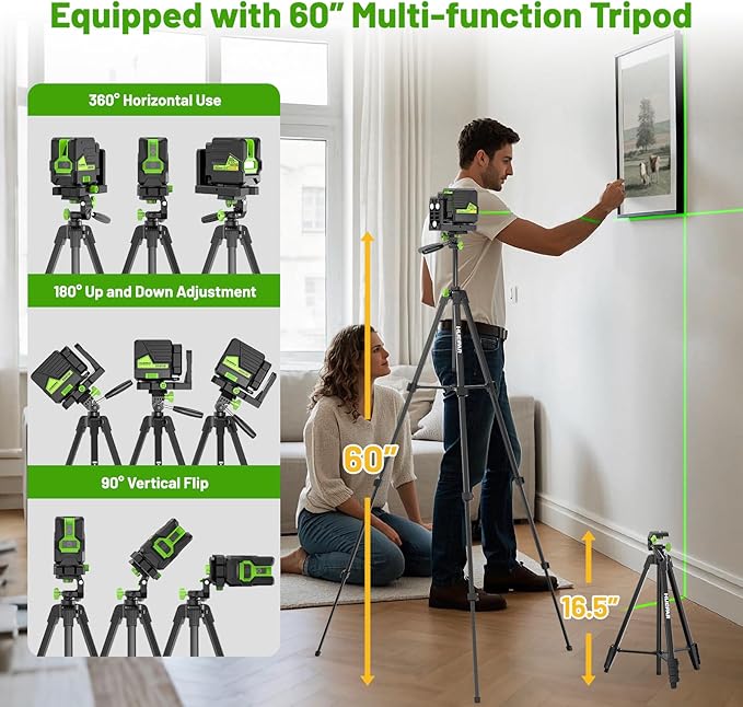Huepar Laser Level with 60in Tripod, 1/13 High Accuracy Self Leveling Green Cross Line Lazer Leveler for Picture Hanging, Tile, Home Renovation, with Pluse Mode for Outdoor, Carry Case, Glasses