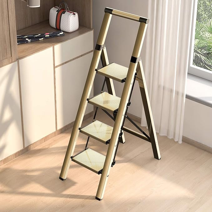 GameGem 4 Step Ladder, Folding Step Stool with Anti-Slip and Wide Pedal, Gold Ladder with Handgrip, Lightweight Aluminum Space Saving Stepladder for Home and Kitchen, 300 lbs Capacity