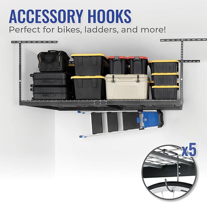 SafeRacks Overhead Garage Storage Rack - Heavy Duty Racks for Garage with 600 lb Capacity, Easy Storage, Adjustable Storage Rack, Ceiling Mount Storage 4x8 Hammertone (12"-24")