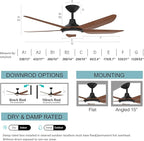 52 Inch Large Outdoor Ceiling Fans with Lights, High CFM Waterproof Blades for Covered Patio, 9 Speed Remote Control Dimmable LED Light, Angled Mount Easy Install