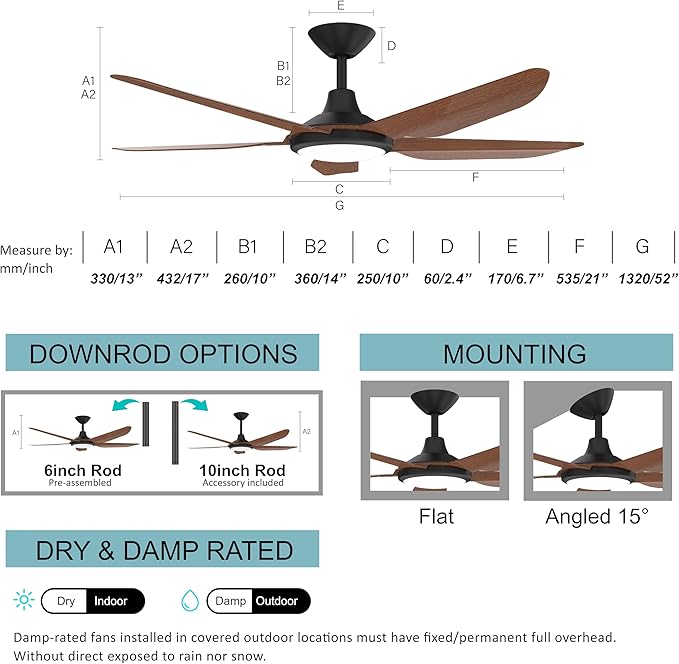 52 Inch Large Outdoor Ceiling Fans with Lights, High CFM Waterproof Blades for Covered Patio, 9 Speed Remote Control Dimmable LED Light, Angled Mount Easy Install