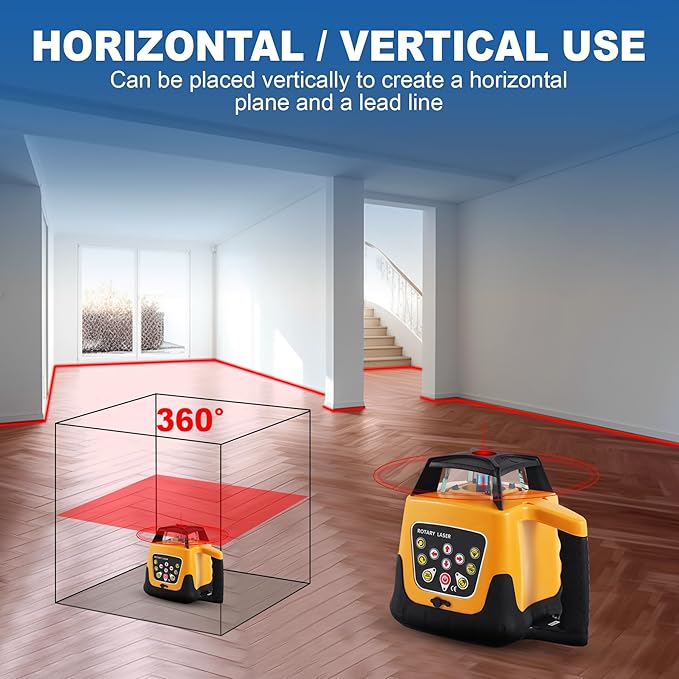 Iglobalbuy Automatic Self-Leveling Rotary Laser Rotating Horizontal & Vertical Laser Level Kit 500M w/Remote Control + Receiver, Leveling Transit Laser Level Red Beam for Construction (Rotary Laser)