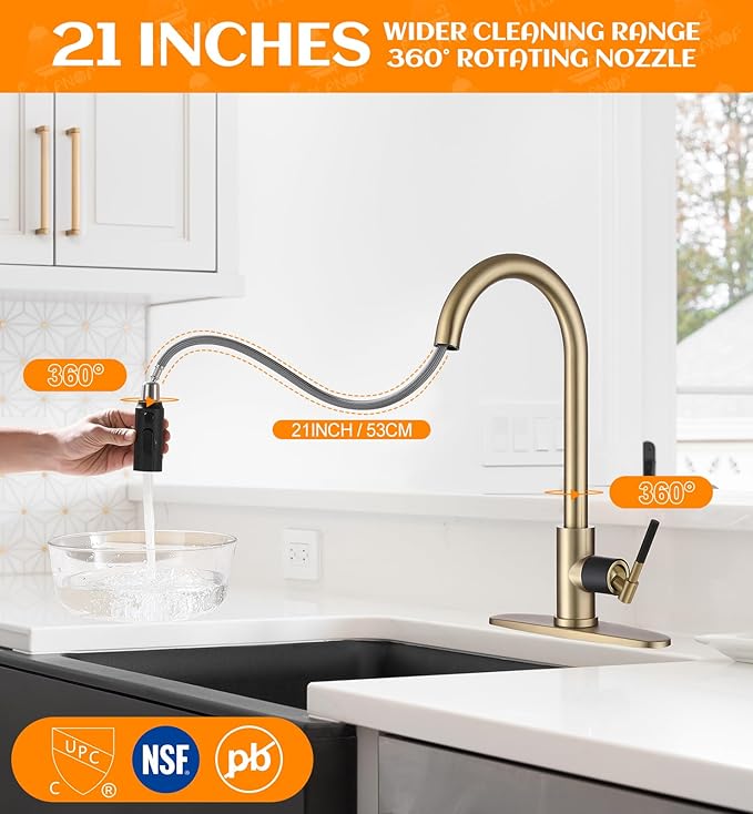 Brushed Gold Pull Down Kitchen Faucet -Modern High Arc Single Handle Kitchen Sink Faucet with Sprayer，Stainless Steel Rv Sink Faucet ，Fit for 1/3 Hole with 10" Deck Plate
