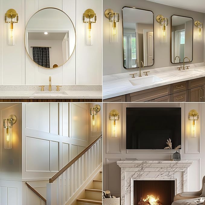 Modern Gold Glass Wall Sconces,15'' Knurled Brass Sconce, Bathroom Wall Sconce, Gold Bathroom Vanity Lights, for Living Room, Bedrooms, Fireplace, Staircases, Include Bulb