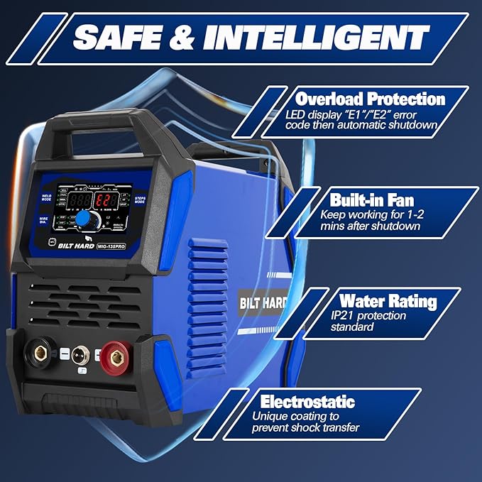 BILT HARD 135A 3-in-1 IGBT Inverter Welder, 110V Flux Core MIG/Lift TIG/Stick Welding Machine with Synergic Control, LED Display, 2T/4T/SPOT Modes & Full Kit (Solar Helmet, Gloves etc.)