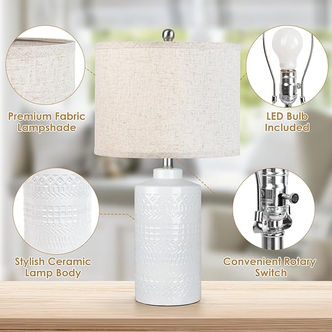 White Ceramic Table Lamp with Beige Shade: 3-Way Dimmable Night Stand Light Lamp 24.5" Modern Table Lamps for Living Room Bedroom End Table Office Entryway Lamps (Bulb Included
