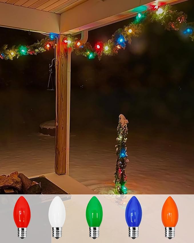 25 Pack C7 Christmas Light Bulbs, C7 Ceramic Multicolor Christmas Lights Replacement Bulb, E12 Candelabra Base Vintage Light Bulbs for Outdoor Xmas String Lights Nightlight Chandelier, 5 Watts