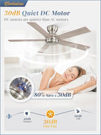 48 Inch Flush Mount Ceiling Fans without Lights, Brushed Nickel Modern Ceiling Fan no Lights, 6-Speeds, Quiet Reversible DC Motor, Indoor/Outdoor Ceiling Fans for Patios, Living Room, Bedroom