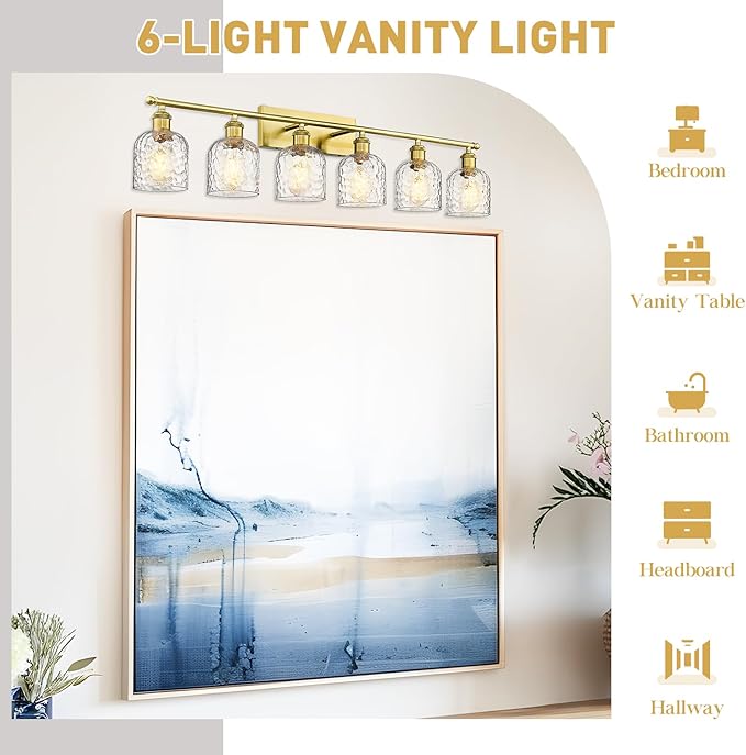 zeyu 42.2'' Modern Bathroom Gold Light Fixture, 6 Light Bathroom Lighting Fixtures Over Mirror Bedroom, Brushed Gold Finish with Clear Hammered Glass, ZJF63B-6W BG