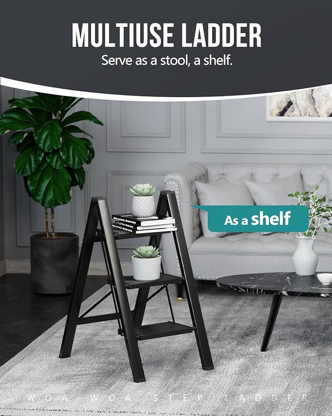WOA WOA Step Ladder, Portable Lightweight Home Ladder, Folding Step Stool with Widening Pedals, Kitchen Stepladder, Space Save, Easy to Store, 300 lbs Capacity (3 Step, Black)
