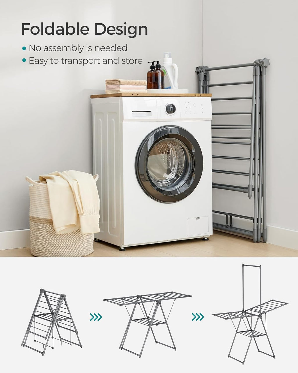 SONGMICS Clothes Drying Rack, Foldable 2-Level Laundry Drying Rack, Free-Standing Airer, 1 Additional Tall Hanging Bar, 2 Height-Adjustable Wings, 24 Drying Rails, Space Savng, Gray ULLR521G01