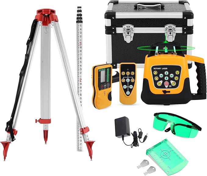 Iglobalbuy Automatic Self Leveling Green Rotary Laser Level 500m Range Kit with Surveying Tripod and Aluminum Grade Rod 16.4 Feet, Leveling Rotating Transit Laser Level Green Beam for Construction