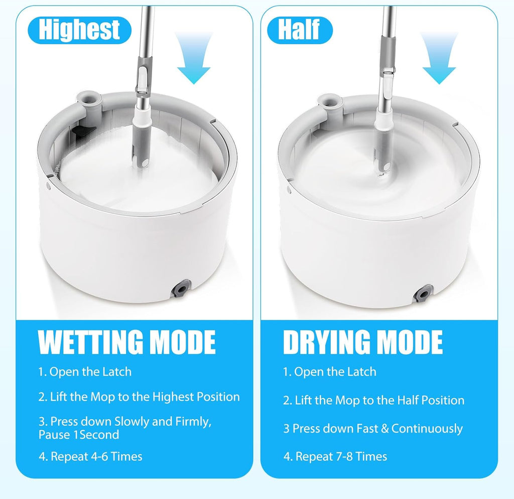 Mop and Bucket Set, Spin Mop Bucket with Separate Dirty/Clean Water System, Self-Wringing Square Mops for Floor/Wall Cleaning with 3 Microfiber Pads