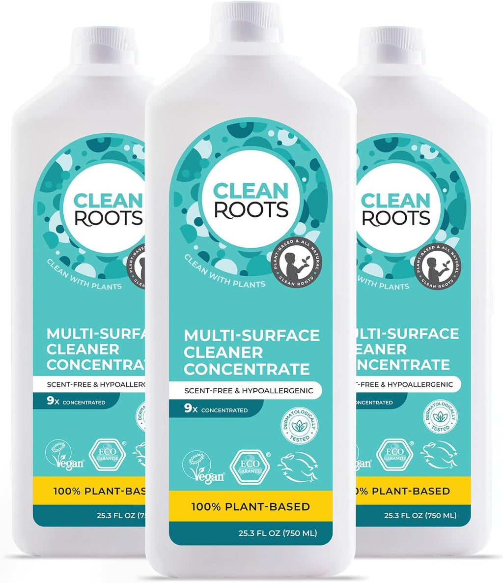 Multi-Surface Cleaner Concentrate – EcoGarantie Certified, 100% Plant-Based Formula, Made with Organic Ingredients, Scent-Free & Hypoallergenic – 25.3 fl oz (750 mL), Pack of 3