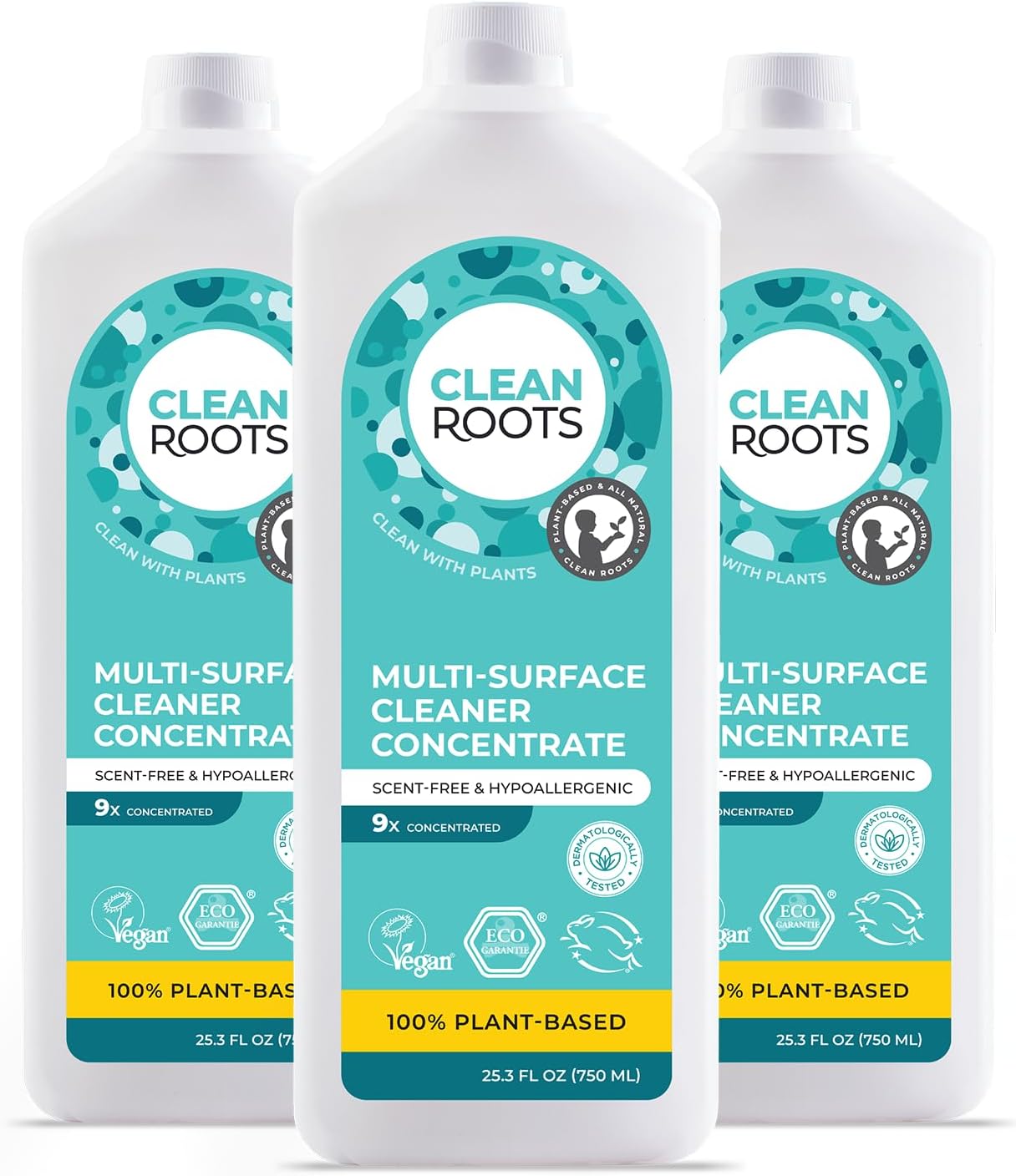 Multi-Surface Cleaner Concentrate – EcoGarantie Certified, 100% Plant-Based Formula, Made with Organic Ingredients, Scent-Free & Hypoallergenic – 25.3 fl oz (750 mL), Pack of 3