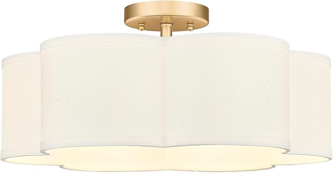 Gold Semi Flush Mount Ceiling Lights, 6-Light 18Inch Ceiling Light Fixtures with Fabric Shade in Flower Shape, Farmhouse Brass Drum Lighting for Nursery Bedroom Kitchen, AD-22007-6SF-GD