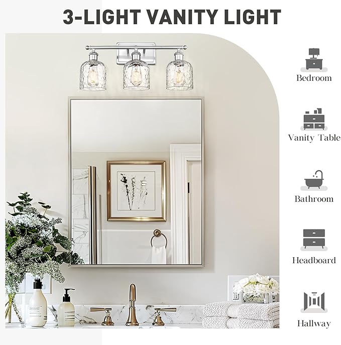 zeyu 20.8'' Modern Bathroom Vanity Lamp, 3-Light Wall Mirror Light for Bathroom, Brushed Nickel Finish with Clear Hammered Glass, ZJF63B-3W BN