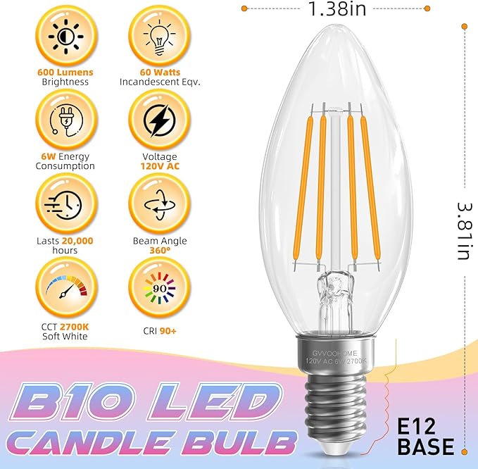 Candelabra Light Bulbs, 6W Equivalent to 60 watt,E12 LED Bulb Non-Dimmable 2700K Soft White, B10 LED Candle Bulbs, Chandelier Light Bulbs, 90+CRI, 600LM, Cear Glass, 24 Pack