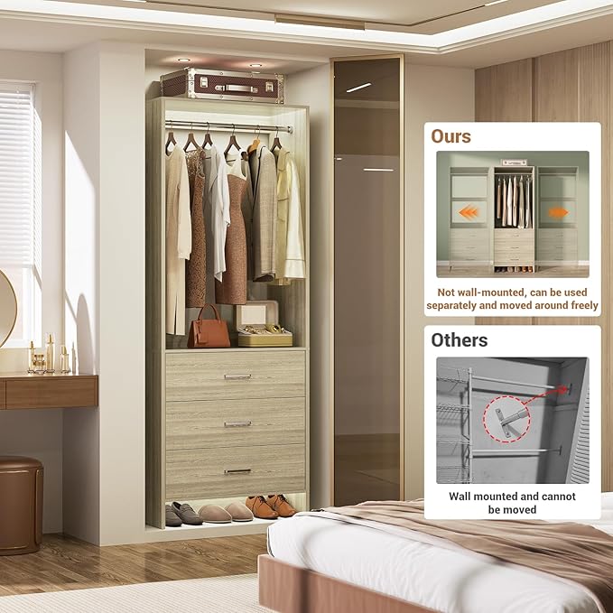 Aheaplus 2FT Closet System with 3 Drawers, 24’’ Closets Organizer, Wood Closet Organizer System, Walk-in Closets or Small Wardrobe, Clothes Rack with Hanging Rods, White Oak