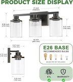 DORESshop 20 Inch Bathroom Light Fixtures, 3-Light Black with Gold Trim Over Mirror with Clear Glass Shade, Vanity Lights for Living Room Bedroom, ETL Listed