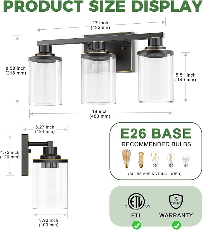 DORESshop 20 Inch Bathroom Light Fixtures, 3-Light Black with Gold Trim Over Mirror with Clear Glass Shade, Vanity Lights for Living Room Bedroom, ETL Listed