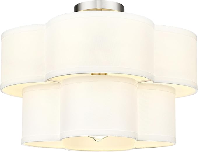 Semi Flush Mount Ceiling Lights, 5-Light 18" Ceiling Light Fixtures with Double Fabric Drum Shade in Quatrefoil Shape, Brushed Nickel Ceiling Light for Nursery Bedroom, AD-22007-5SF-SN