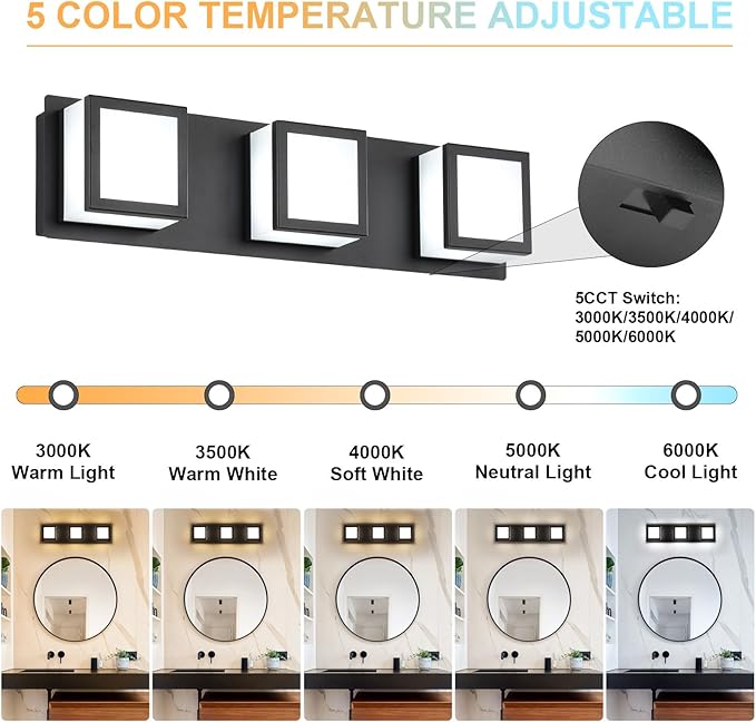 3-Light Bathroom Lighting Fixtures Over Mirror (5CCT, Dimmable), Black Led Modern Vanity Light for Bathroom (3000K/3500K/4000K/5000K/6000K)