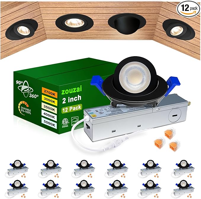 zouzai 2 Inch 5CCT Gimbal Black Led Recessed Lighting with Junction Box, 360°+90° Adjustable Led Recessed Lights, 2700K/3000K/3500K/4000K/5000K, 5W Eqv 50W, 550LM Brightness - ETL (Black, 12 Pack)