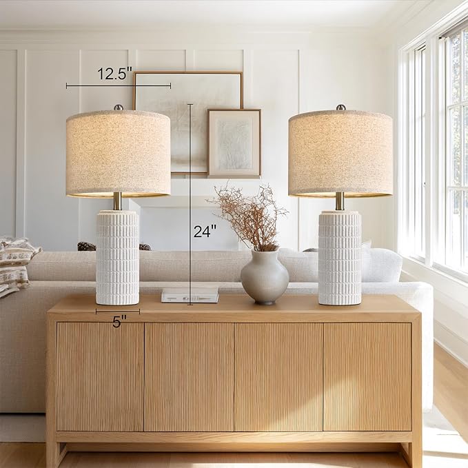 PoKat 24" Farmhouse Ceramic Table Lamps Set of 2 for Bedroom, White Stone-Like Bedside Lamps for Night Stands, Matte-Textured Decor Nightstand Table Lamps for Living Room End Table White