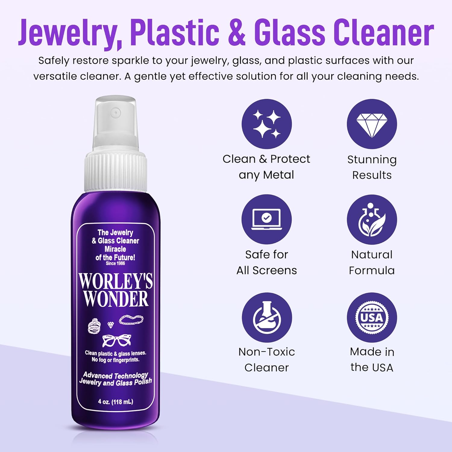 Worley's Wonder Jewelry & Glass Cleaner (4 Ounce Spray Bottle) - Jewelry Cleaner Spray for Gold, Silver, Diamonds, Gemstones, Glass, Marble, Electronics (4.00 Fl Oz (Pack of 1))