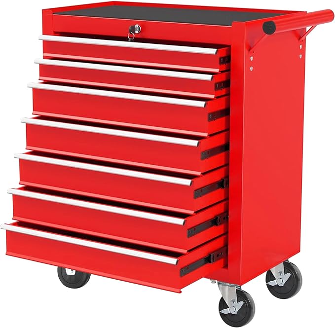 7-Drawer Rolling Tool Chest w/Drawers & Lock, Tool Storage Cabinet with Lockable Wheels, Top Cushion & Drawer Liners, Tool Organizer Box for Garage, Warehouse & Repair Sho