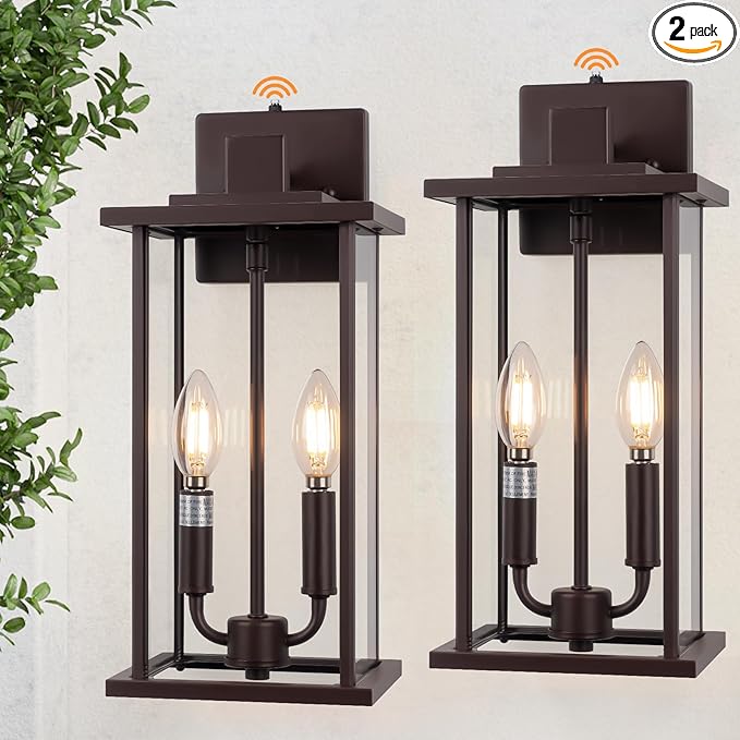 2-Pack 16" Large Dusk to Dawn Outdoor Wall Light Fixtures, 2-Light Exterior Front Porch Light, Brushed Bronze Outdoor Sconce Lights, Waterproof Farmhouse Lamp Lighting