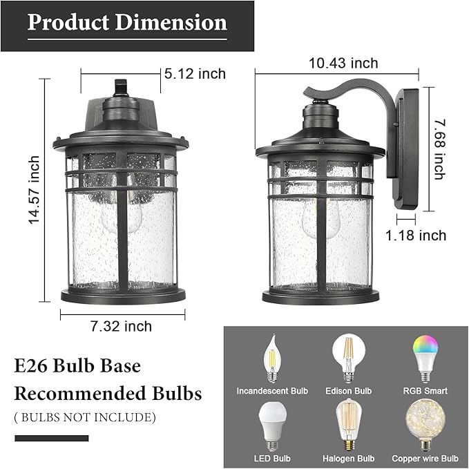 Darkaway 2 Pack Large Outdoor Porch Lights Wall Mount, 15inch Outdoor Light Fixtures Sconces Wall Lighting with Seeded Glass Exterior Lights for Patio Yard House Hallway Doorway Garage
