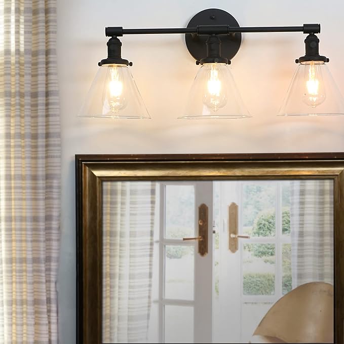 Phansthy 3-Light Wall Sconces Antique Brass Vanity Light, Industrial Wall Lamps with On Off Switch and Clear Glass Lampshade, Vintage Wall Lighting for Bathroom Living Room (Black, Cone Shade)