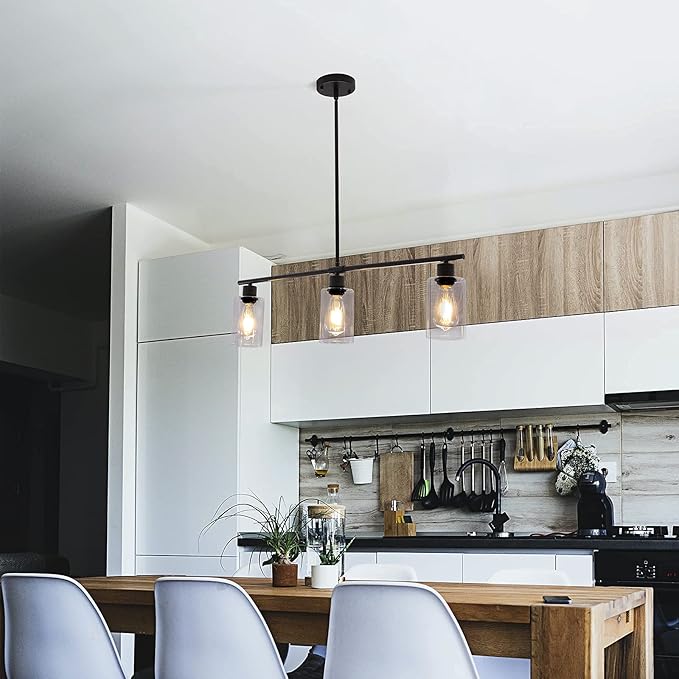 Black Kitchen Island Lighting 3-Light Modern Pendant Light Fixture with Glass Shades Rustic Farmhouse Chandelier Hanging Light Fixtures for Kitchen Island Living Dining Room Bedroom Foyer