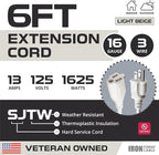 Iron Forge Cable Weatherproof 6 Ft Outdoor Extension Cord - 16/3 SJTW Heavy Duty Beige Extension Cord 3 Prong - 13 Amp Exterior Power Cable