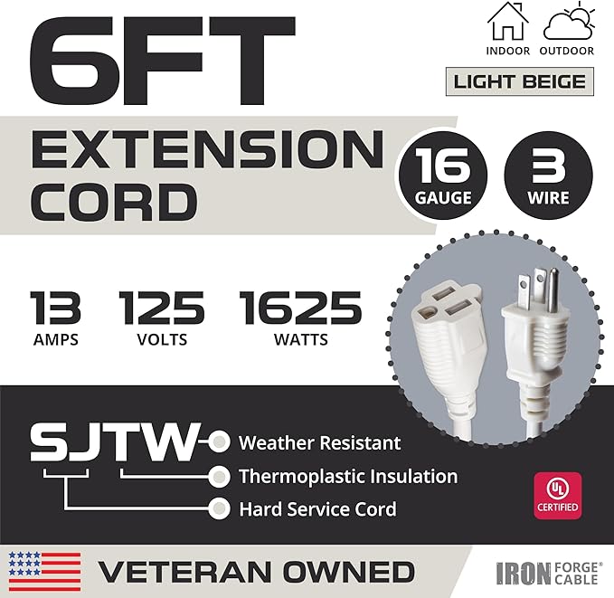 Iron Forge Cable Weatherproof 6 Ft Outdoor Extension Cord - 16/3 SJTW Heavy Duty Beige Extension Cord 3 Prong - 13 Amp Exterior Power Cable