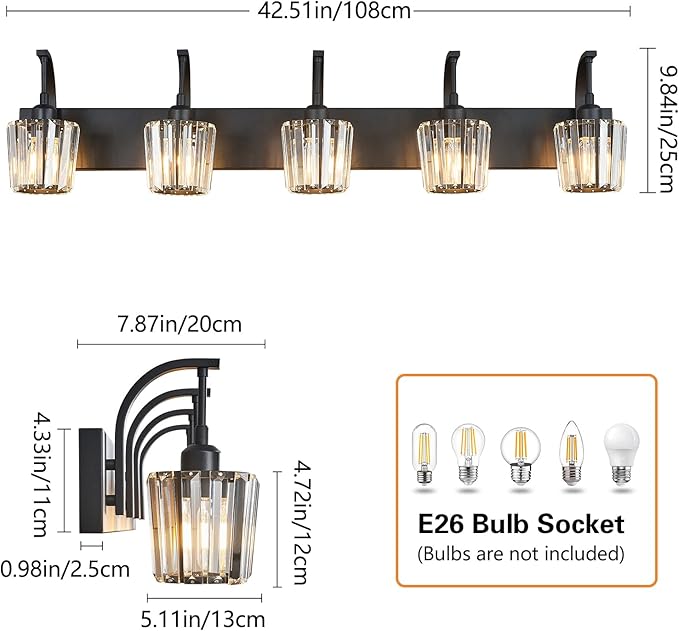 Modern Bathroom Vanity Light, 5-Light Black Wall Sconce with Crystal Accents, Over Mirror Bathroom Lighting Fixture, 42.51" Long Dimmable Vanity Lamp for Makeup, Easy Installation