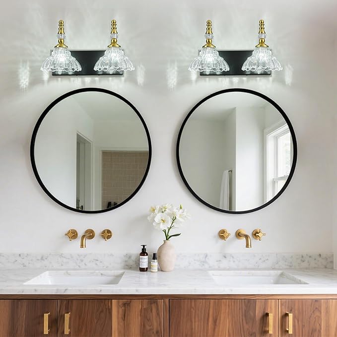 Vintage Bathroom Vanity Light, 2-Light Black Gold Vanity Lighting Fixture with Flower Glass Shade, Bathroom Lighting Fixtures Over Mirror