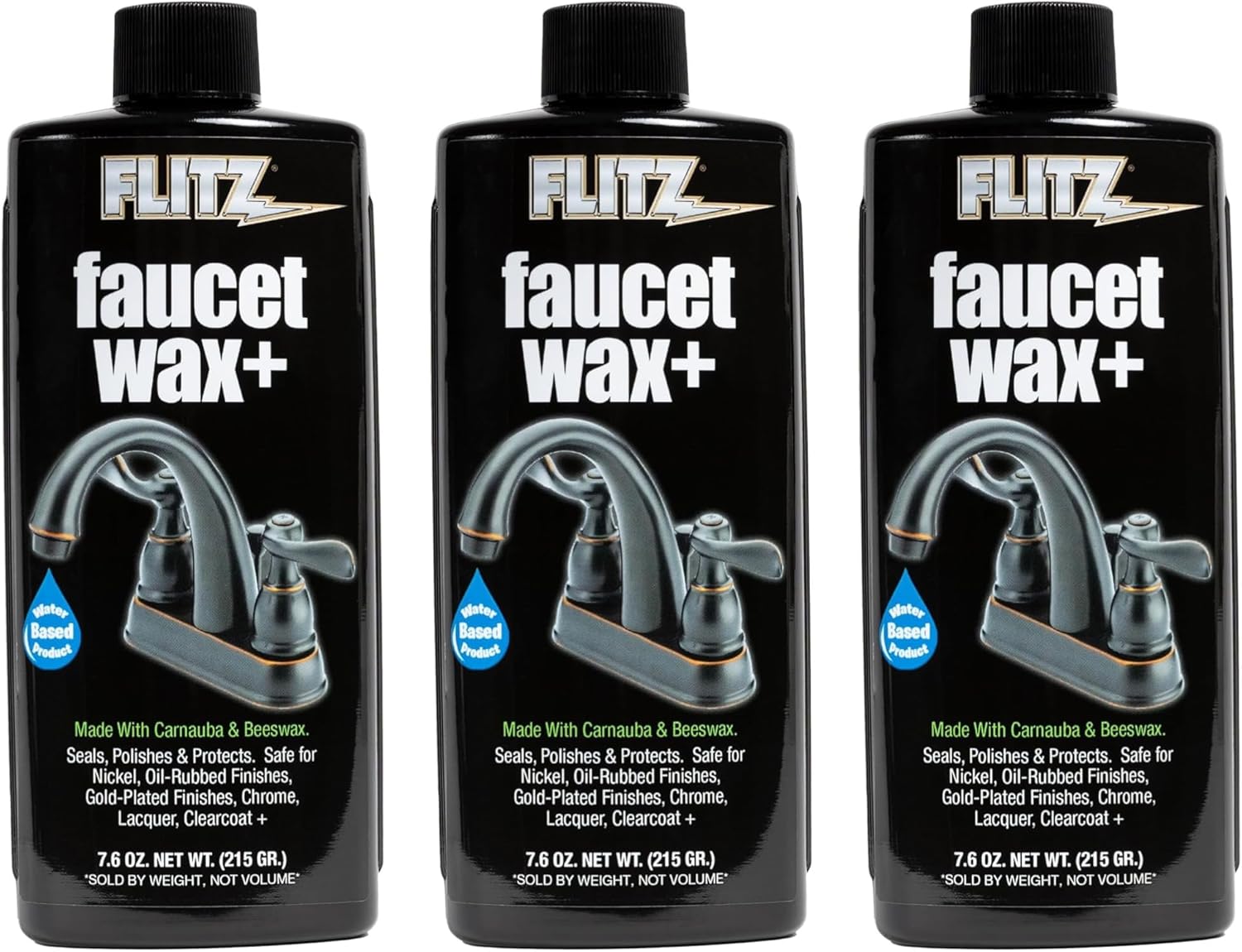 Flitz Faucet Wax Plus - 7.6oz Bottle of USA-Made, Water-Based Faucet Cleaner & Polisher for Water Stains, Fingerprints, & More - Metal Wax for Bronze, Nickel, Chrome, Brass - Granite Polish (3 Pack)